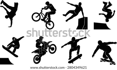 A collection of eight black silhouettes depicting alternative and extreme sports athletes performing high-energy jumps, flips, and tricks on ramps. This versatile vector design bundle is perfect for urban youth marketing, skate shop branding, and active lifestyle apparel.