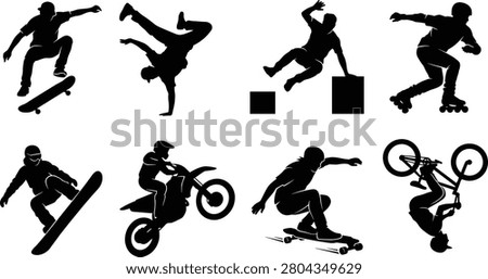 A collection of eight black silhouettes depicting athletes performing action-packed stunts and extreme sports tricks. This dynamic vector set is perfect for urban lifestyle branding, sports event promotions, and youth culture designs.