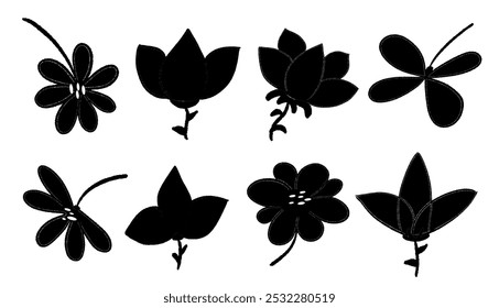 Collection of eight black silhouettes of different flower shapes. These stylized and abstract floral forms are perfect for design.