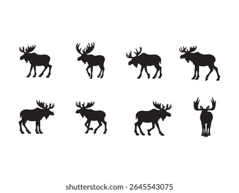 A collection of eight black silhouettes of moose are displayed against a clean white background. 