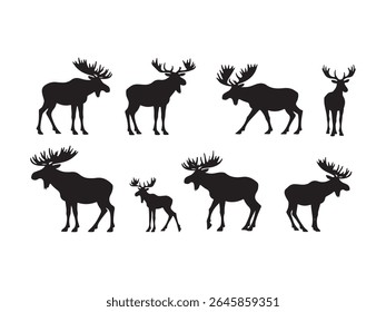 A collection of eight black silhouettes of moose and deer are displayed against a white background.