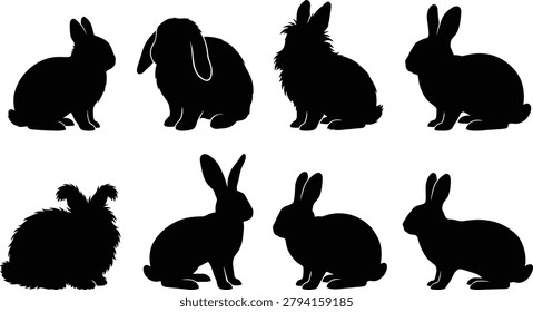 A collection of eight black silhouettes representing different domestic rabbit breeds in profile view. These vector icons are perfect for veterinary services, pet store logos, and seasonal decorations.
