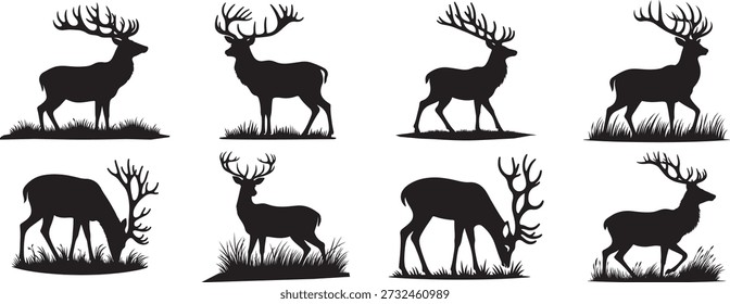 A collection of eight black silhouettes of stags with large, intricate antlers, depicted in various natural poses such as standing, walking, and grazing on grassy patches.