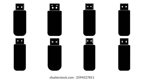 Collection of Eight Black Silhouettes of USB Flash Drives of Various Sizes and Designs