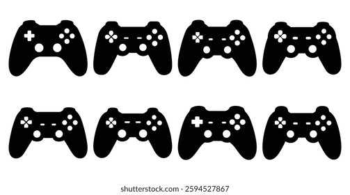 Collection of Eight Black Silhouettes of Video Game Controllers