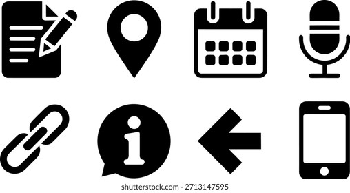 A collection of eight black, simple, flat design icons representing common digital and organizational tools and functions.