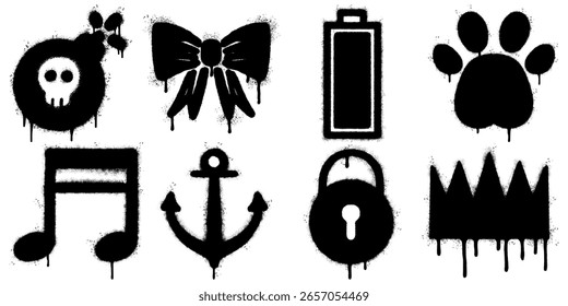 colección de ocho íconos de graffiti de plantilla negra, pintados en aerosol sobre un fondo blanco. La Imagen cuenta con una bomba de cráneo, pajarita, batería, huella de pata, nota musical, ancla, candado, corona.
