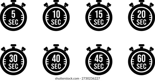 Collection of eight black stopwatch with different second markings timer time seconds count