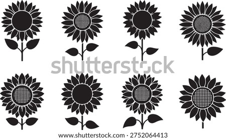 A collection of eight black sunflower silhouettes on a white background