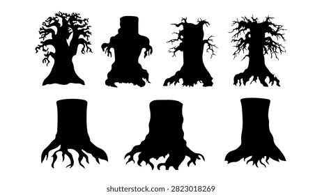 Collection of eight black tree silhouettes showcasing diverse shapes, sizes, and styles for artistic, design, or educational purposes.
