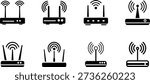 Collection of eight black and white depicting Wi Fi routers with antennas and signal waves wifi technology