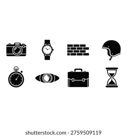 A collection of eight black and white icons on a pure white background, featuring a camera, watch with a white face, brick wall, motorcycle helmet, stopwatch with a light on top, an eye with detailed