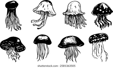 A collection of eight black and white illustrations of jellyfish, showcasing various shapes and sizes. Each jellyfish has distinct features, including different bell shapes and tentacle arrangements.