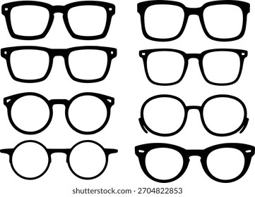 Colección de ocho ilustraciones en blanco y negro de varios estilos de gafas, incluidos marcos redondos, cuadrados y rectangulares.