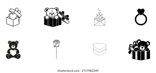 Una colección de ocho ilustraciones en blanco y negro con regalos, joyas y animales de peluche.