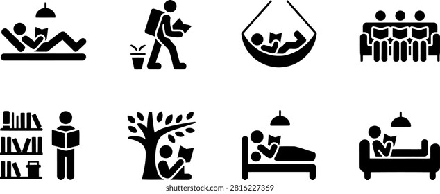Collection of eight black and white pictograms depicting people reading in Transparent Background