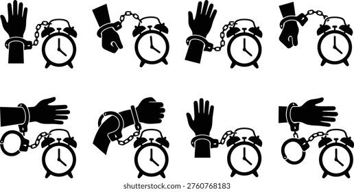 A collection of eight black and white silhouette icons depicting hands and arms shackled to alarm clocks, symbolizing time constraints and lack of freedom.