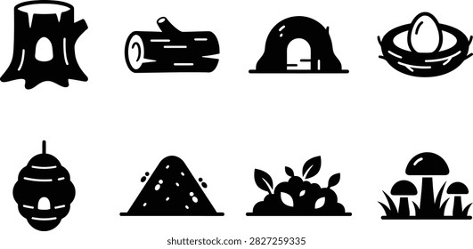 A collection of eight black and white silhouette depicting natural like a tree stump, log, burrow, nest with egg, beehive, anthill, sprouts, and mushrooms.