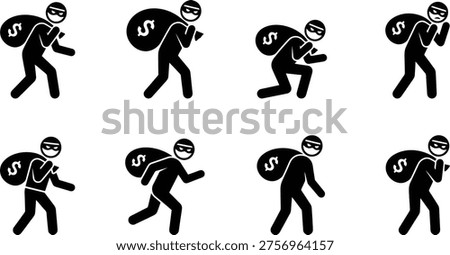 A collection of eight black and white stick figure icons depicting thieves carrying money bags with dollar signs, in various poses and actions like running, sneaking, and crouching.
