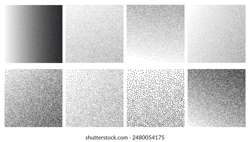 Collection of eight black and white stippling texture patterns. Ideal for graphic design, backgrounds, and artistic projects