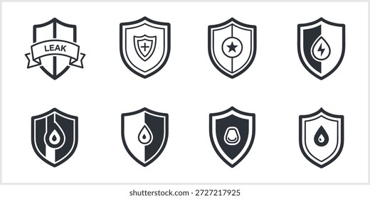 Una colección de ocho íconos de escudo de Vector en blanco y negro que representan varios conceptos de protección, seguridad y resistencia, incluidos los símbolos de una cruz, estrella, rayo y varias gotas de agua con una etiqueta explícita