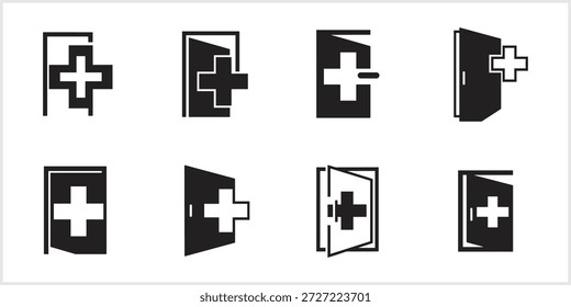 Una colección de ocho iconos vectoriales en blanco y negro que representan puertas con cruces médicas, ilustran conceptos de acceso a la atención médica, ingreso hospitalario, servicios clínicos o disponibilidad de farmacias, presentados sobre un fondo blanco limpio