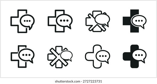 Una colección de ocho iconos vectoriales en blanco y negro que muestran variaciones de cruces médicas y símbolos de la estrella de la vida combinados con burbujas de discurso que contienen tres puntos, ilustrando conceptos de Asistencia médica en línea, consulta médica digital y servicios de telemedicina