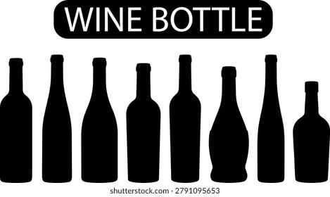 A collection of eight black wine bottle silhouettes with varying shapes and sizes on a white background