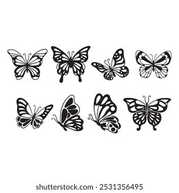 A collection of eight black-and-white butterfly silhouette illustrations, each featuring unique wing patterns. 