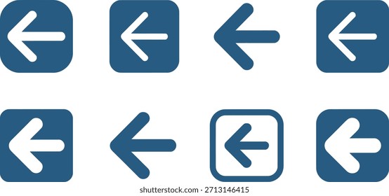 A collection of eight blue and white arrow icons pointing left, with varying styles and backgrounds, representing direction and navigation.