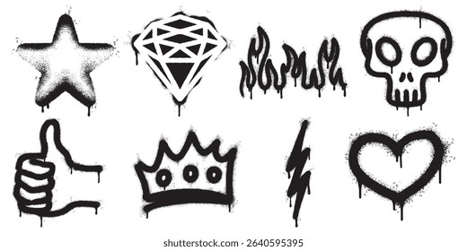 collection of eight bold black graffiti stencil icons on a white background, including a star, diamond, flames, skull, thumbs up, crown, lightning bolt, and heart.