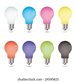 Collection of eight brightly coloured light bulbs with shadow