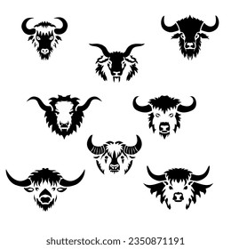 A collection of eight bull black and white vector logos on a white background