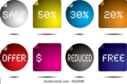 Collection of eight buttons in different colours with text