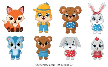 Collection of eight cartoon animals: fox, wolf, bears, rabbits. Each animal is wearing colorful outfits and standing upright.