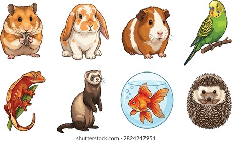 Collection of eight cartoon animals including hamster rabbit guinea pig budgie gecko ferret goldfish hedgehog