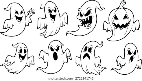 Una colección de ocho fantasmas de dibujos animados con varias expresiones, que incluyen feliz, aterrador, enojado y un fantasma con cabeza de calabaza, perfecto para temas de Halloween y diseños espeluznantes.
