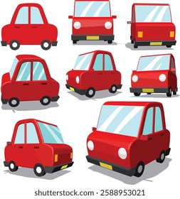 A collection of eight cartoon-style red cars, each depicted from different angles and perspectives. The cars have exaggerated, rounded shapes and large windows, creating a whimsical look.
