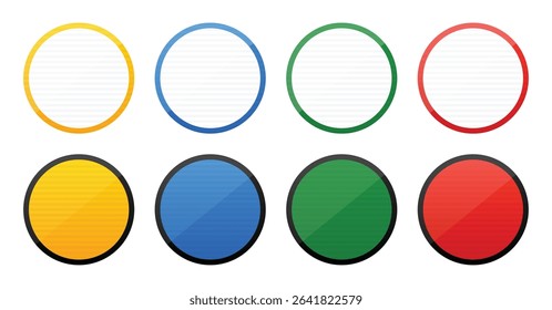 A collection of eight circles is arranged against a white background. Each circle features a distinct color, alternating between solid and striped patterns.