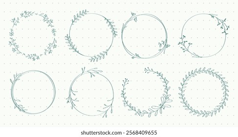 Collection of eight circular floral frames. Delicate, elegant designs with leaves and branches. Perfect for invitations, logos, or decorative projects. Frame element vector set.