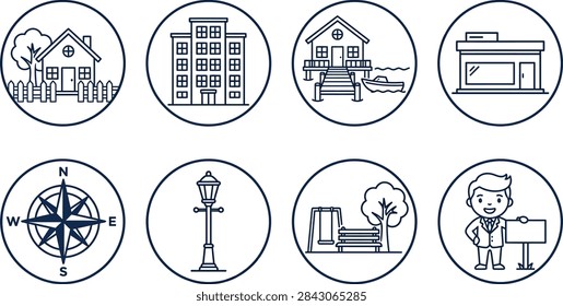 A collection of eight circular line art icons representing real estate, urban planning, and neighborhood infrastructure.