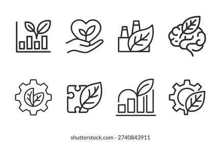 Collection of eight clean line art icons representing green business, sustainability, and eco-friendly concepts.