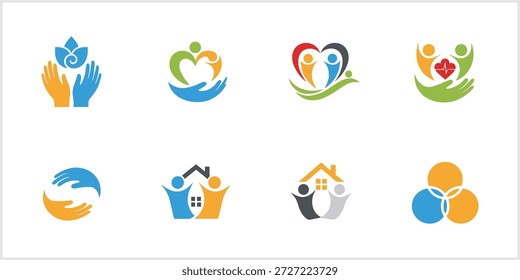 Una colección de ocho coloridos logotipos e íconos abstractos de Vector con varias combinaciones de manos, personas, corazones y casas, que simbolizan conceptos como comunidad, familia, cuidado, salud, Asistencia y caridad, sobre un fondo blanco limpio
