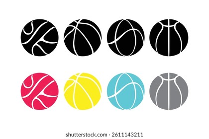 Collection of eight colorful basketball ball icons in red, yellow, blue, gray and black variations, set against a clean white backdrop.