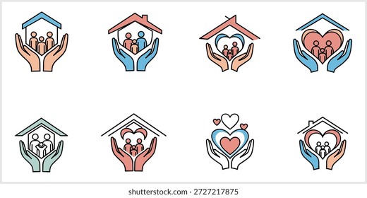 Una colección de ocho coloridos iconos de diseño plano que representan manos que acunan varios arreglos de casas estilizadas, familias y corazones, simbolizando conceptos de protección del hogar, cuidado familiar, amor y seguridad