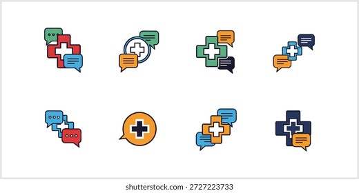 Uma coleção de oito conjuntos de ícones coloridos com cruzes médicas entrelaçadas com bolhas de fala, simbolizando serviços de saúde online, comunicação médica, suporte digital e telemedicina em um fundo branco limpo