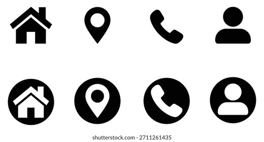 Collection of eight common contact and navigation icons in two styles