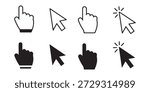 A collection of eight computer mouse cursor icons, four in black and four in white outline, featuring various hand and arrow pointers with different actions and effects