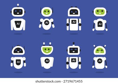 Sammlung von acht niedlichen und freundlichen AI-Robotern mit verschiedenen Designs und Ausdrücken