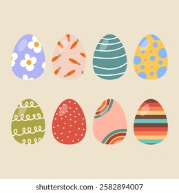  A collection of eight decorative eggs with various patterns: floral, striped, dotted, and abstract. The color palette features pastel and warm tones.